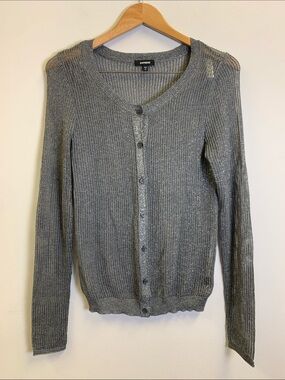 Express Metallic Gray Ribbed Button-Up Cardigan